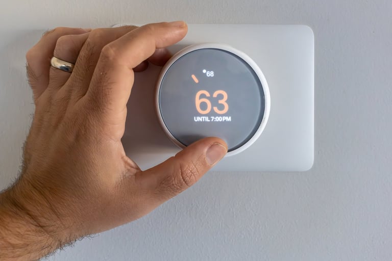 Homeowner adjusts a smart thermostat in their home
